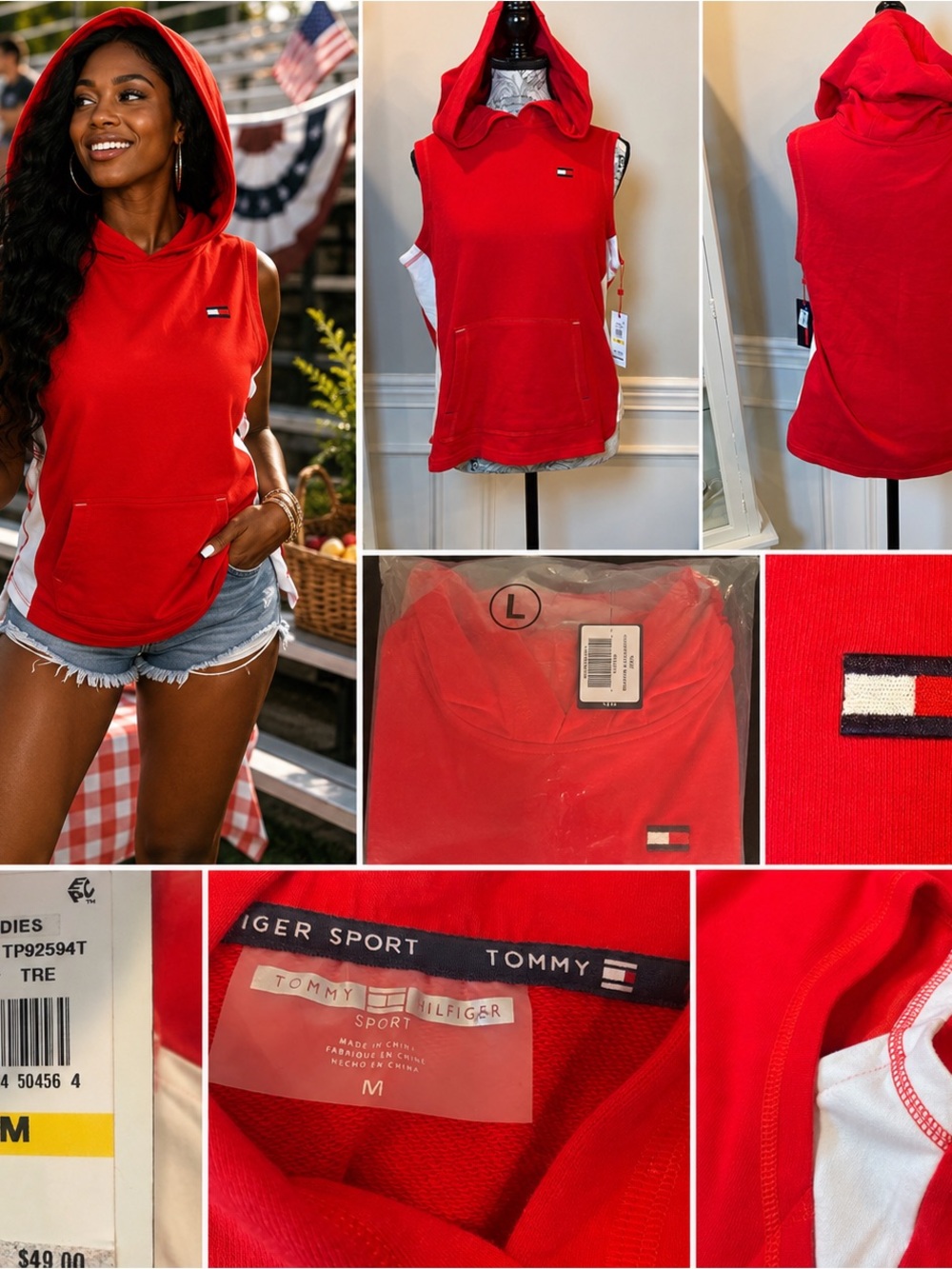 Tommy Hilfiger Red Sleeveless Hoodie with White Side Panels - Picture 2 of 7